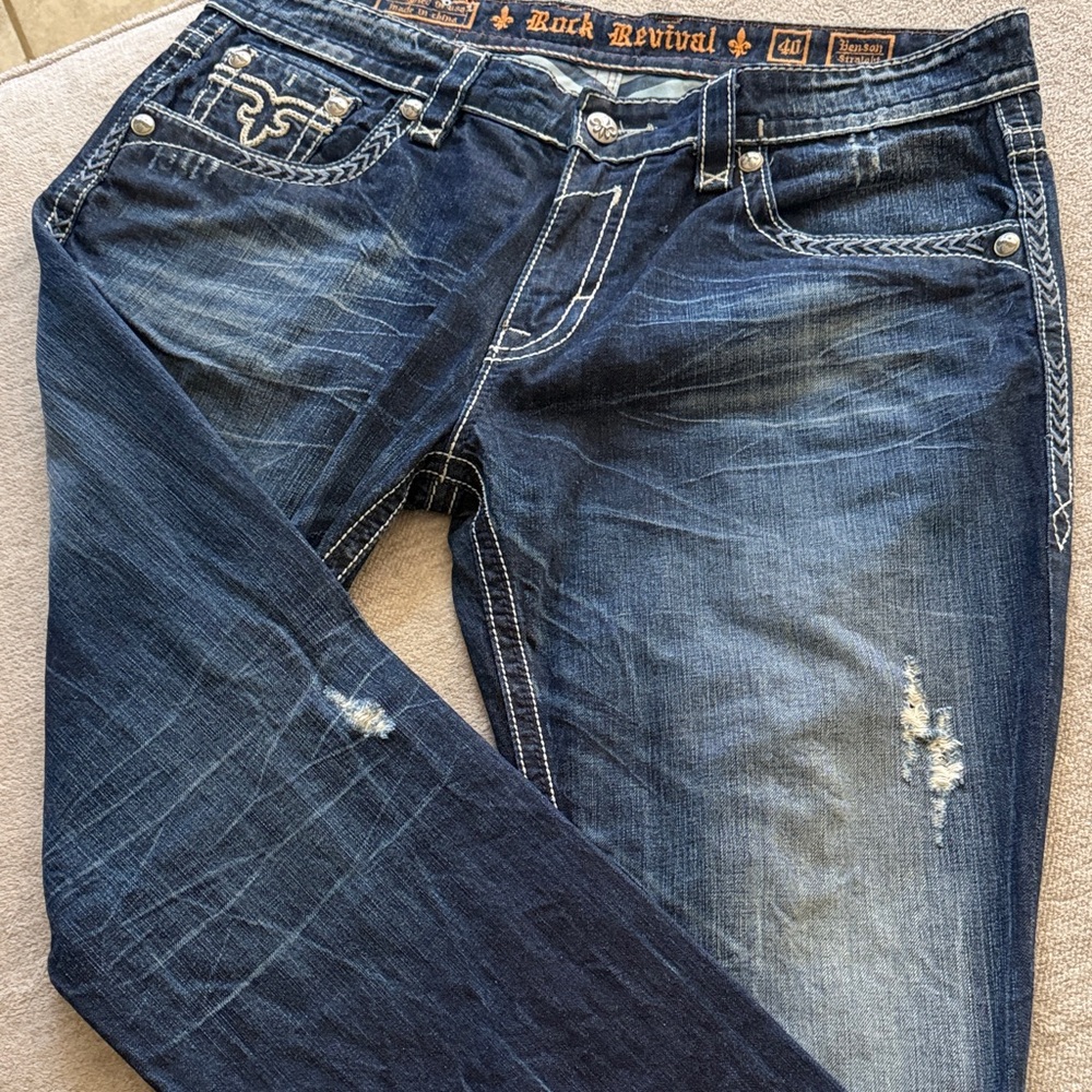 Rock Revival Navy Blue Distressed Embroidered Jeans